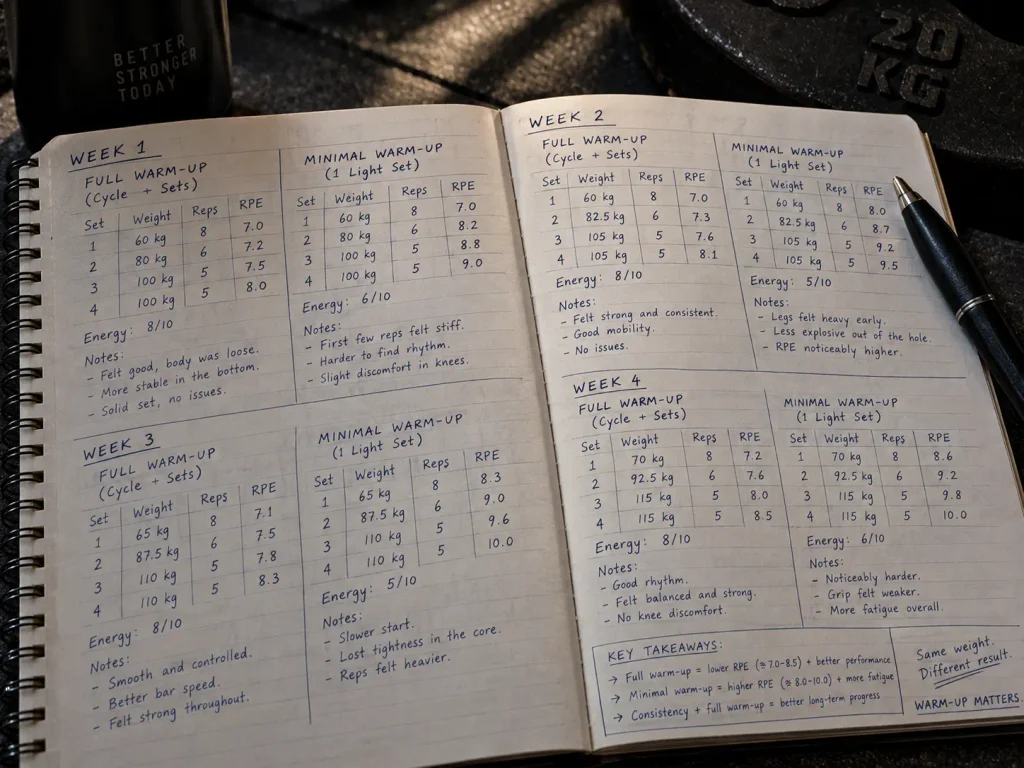 RPE comparison chart for full warm-up vs minimal warm-up weeks
