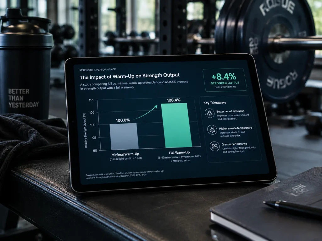 Study results comparing full warm-up vs minimal warm-up strength output