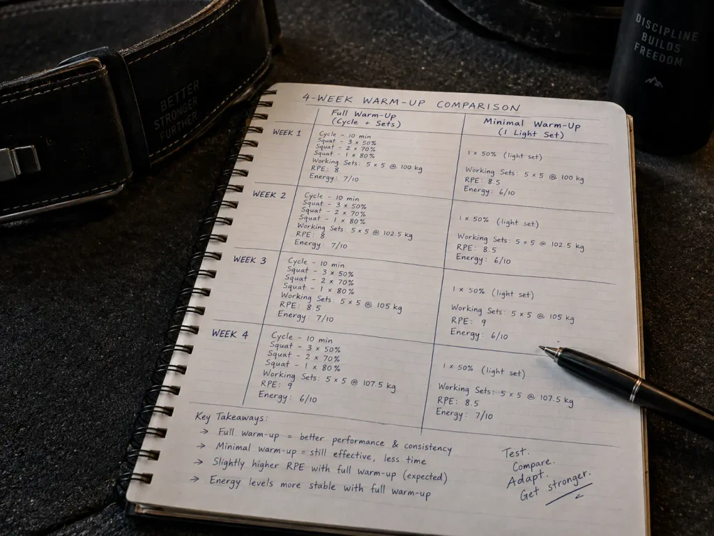 Training log tracking full warm-up vs minimal warm-up over 4 weeks