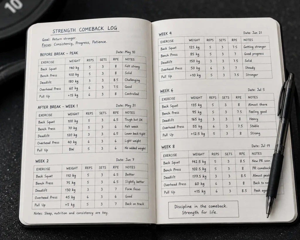 Training log used to track your strength comeback before and after a break